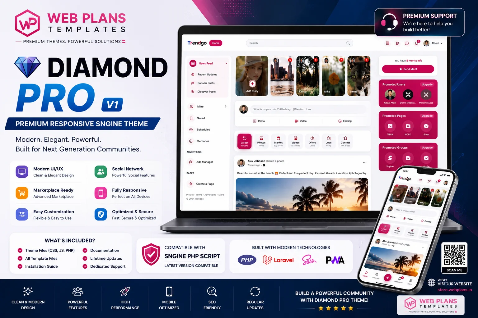 Diamond Pro – Premium Responsive Sngine Theme | Modern UI/UX, Marketplace & Social Community Theme
